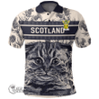 1stScotland Clothing - Pirie Family Crest Polo Shirt Scottish Fold Cat and Thistle Drawing Style A7