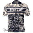 1stScotland Clothing - Meldrum Family Crest Polo Shirt Scottish Fold Cat and Thistle Drawing Style A7