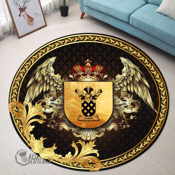 1stScotland Round Carpet - Cattell Family Crest Round Carpet - Golden Heraldic Shield Wings A7 | 1stScotland
