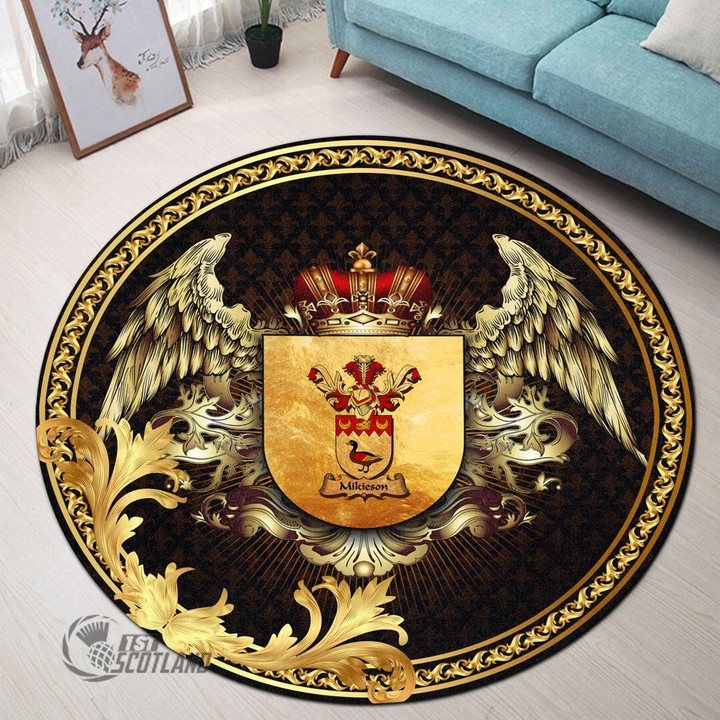 1stScotland Round Carpet - Mikieson Family Crest Round Carpet - Golden Heraldic Shield Wings A7 | 1stScotland