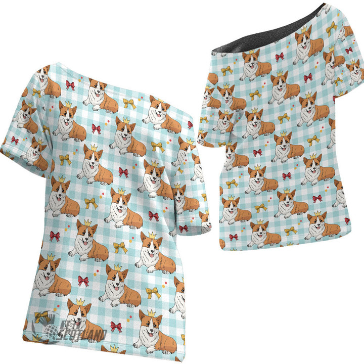 1stScotland Clothing - Corgi Dog with Crown - Off Shoulder T-Shirt A7 | 1stScotland