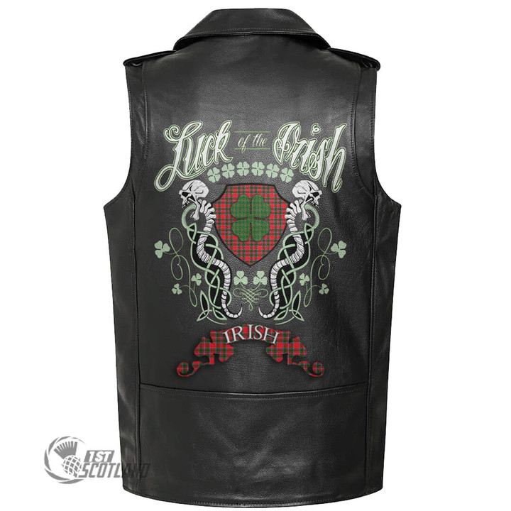 1stScotland Clothing - Spens Modern Tartan Luck of the Irish Sleeve Leather Sleeveless Biker Jacket A35