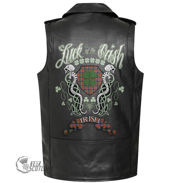 1stScotland Clothing - MacNaughton Ancient Tartan Luck of the Irish Sleeve Leather Sleeveless Biker Jacket A35
