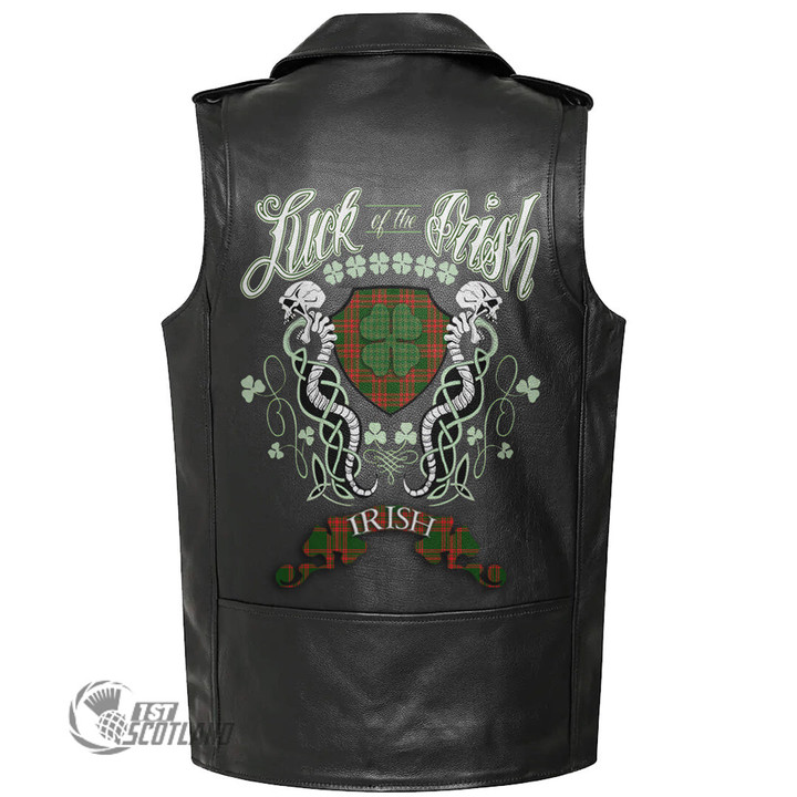 1stScotland Clothing - Menzies Green Modern Tartan Luck of the Irish Sleeve Leather Sleeveless Biker Jacket A35