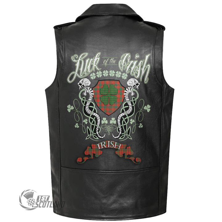1stScotland Clothing - MacAulay Ancient Tartan Luck of the Irish Sleeve Leather Sleeveless Biker Jacket A35