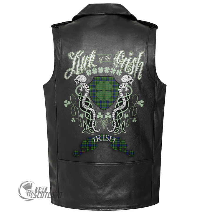 1stScotland Clothing - Rollo Modern Tartan Luck of the Irish Sleeve Leather Sleeveless Biker Jacket A35