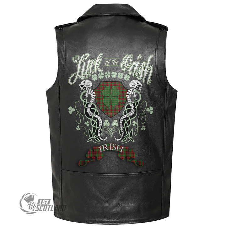 1stScotland Clothing - Ainslie Tartan Luck of the Irish Sleeve Leather Sleeveless Biker Jacket A35