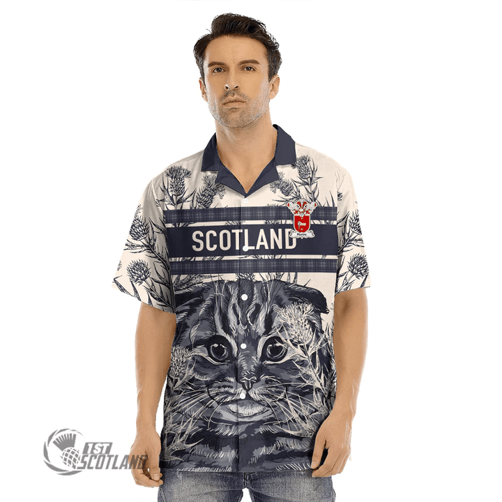 1stScotland Clothing - Hardie Family Crest Hawaiian Shirt Scottish Fold Cat and Thistle Drawing Style A7 | 1stScotland