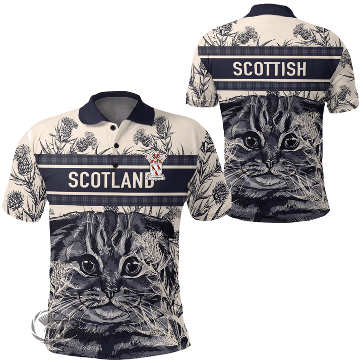 1stScotland Clothing - Hormiston Family Crest Polo Shirt Scottish Fold Cat and Thistle Drawing Style A7 | 1stScotland