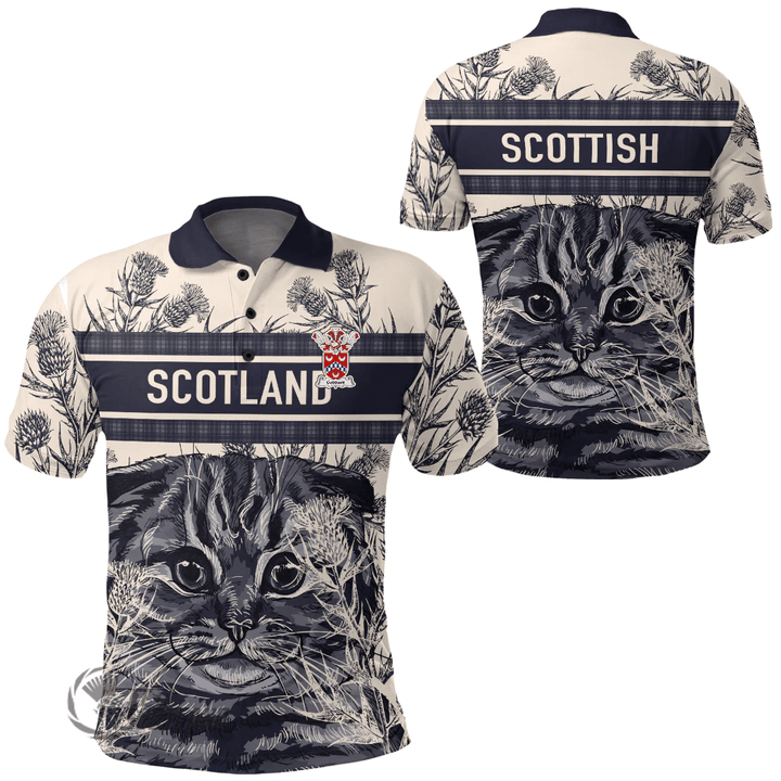 1stScotland Clothing - Goddart Family Crest Polo Shirt Scottish Fold Cat and Thistle Drawing Style A7 | 1stScotland