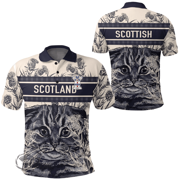 1stScotland Clothing - Ewart Family Crest Polo Shirt Scottish Fold Cat and Thistle Drawing Style A7 | 1stScotland