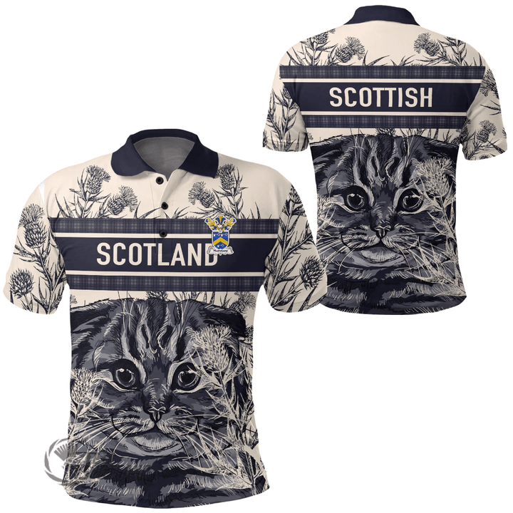 1stScotland Clothing - Hairstans Family Crest Polo Shirt Scottish Fold Cat and Thistle Drawing Style A7 | 1stScotland