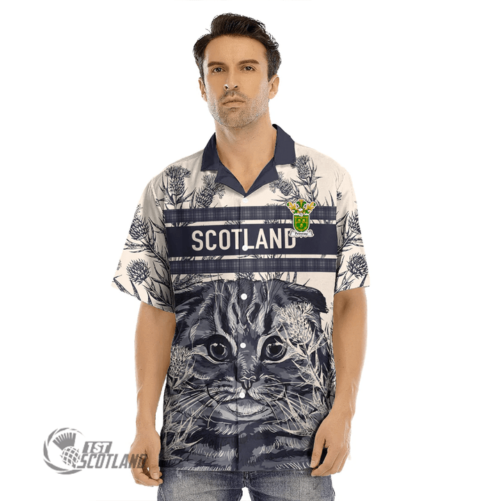 1stScotland Clothing - Primrose Family Crest Hawaiian Shirt Scottish Fold Cat and Thistle Drawing Style A7 | 1stScotland