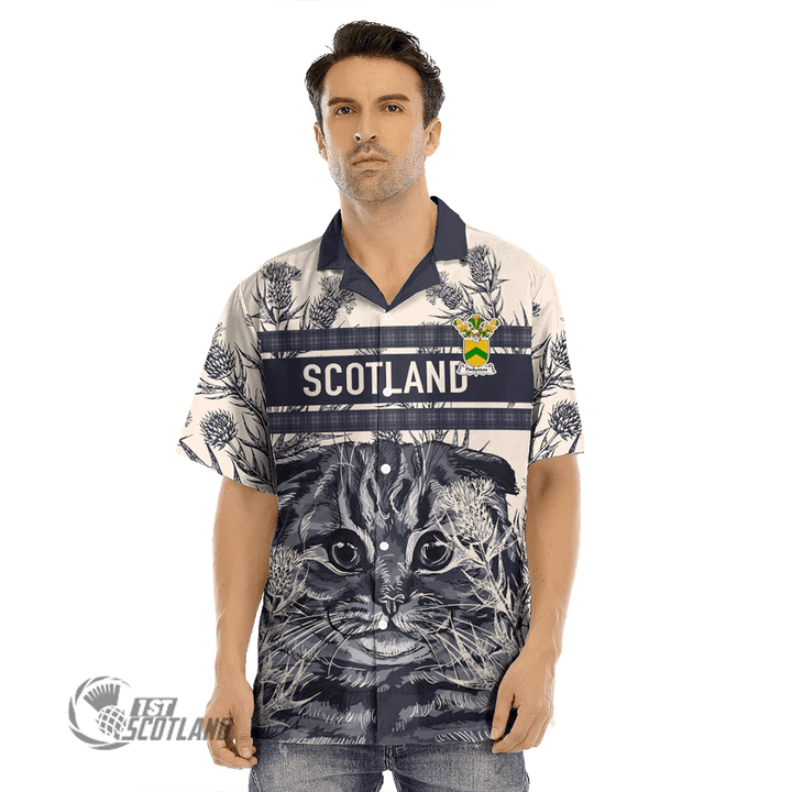 1stScotland Clothing - Pinkerton Family Crest Hawaiian Shirt Scottish Fold Cat and Thistle Drawing Style A7 | 1stScotland