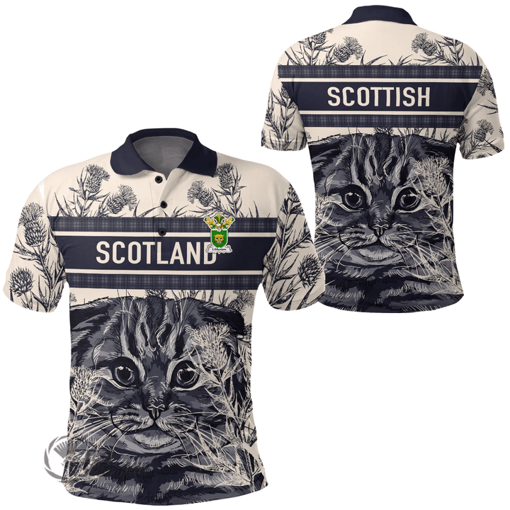 1stScotland Clothing - Libberton Family Crest Polo Shirt Scottish Fold Cat and Thistle Drawing Style A7 | 1stScotland