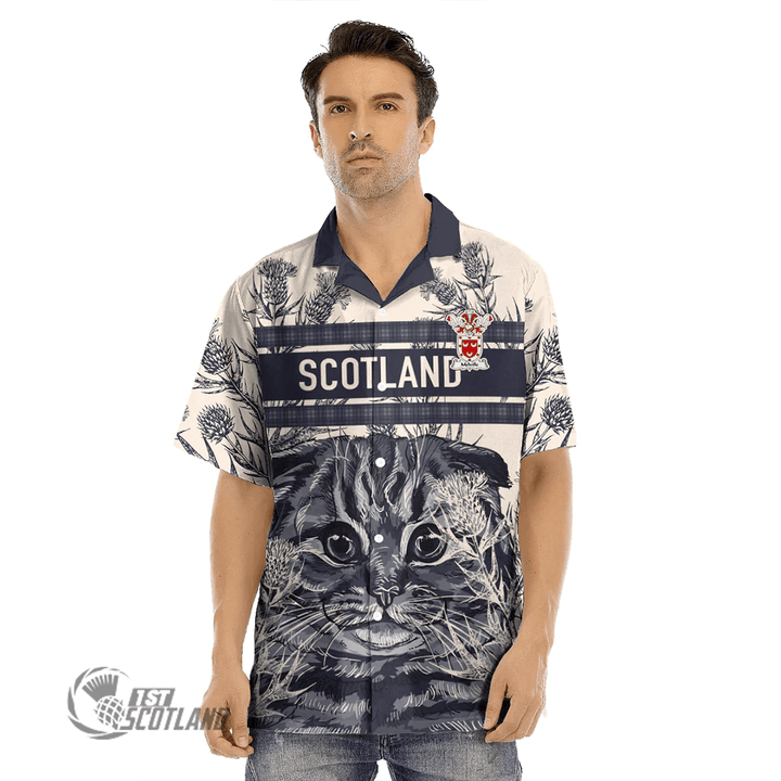 1stScotland Clothing - Melville Family Crest Hawaiian Shirt Scottish Fold Cat and Thistle Drawing Style A7 | 1stScotland