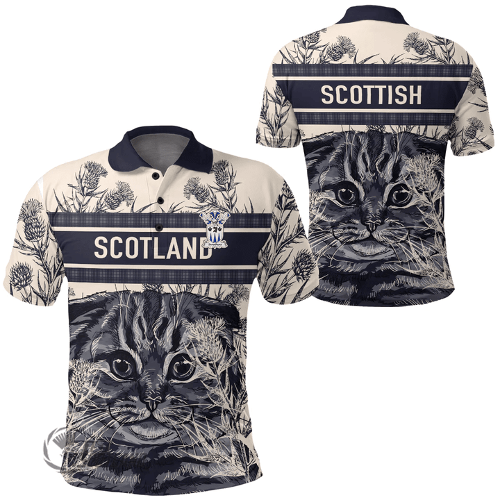 1stScotland Clothing - Struthers Family Crest Polo Shirt Scottish Fold Cat and Thistle Drawing Style A7 | 1stScotland