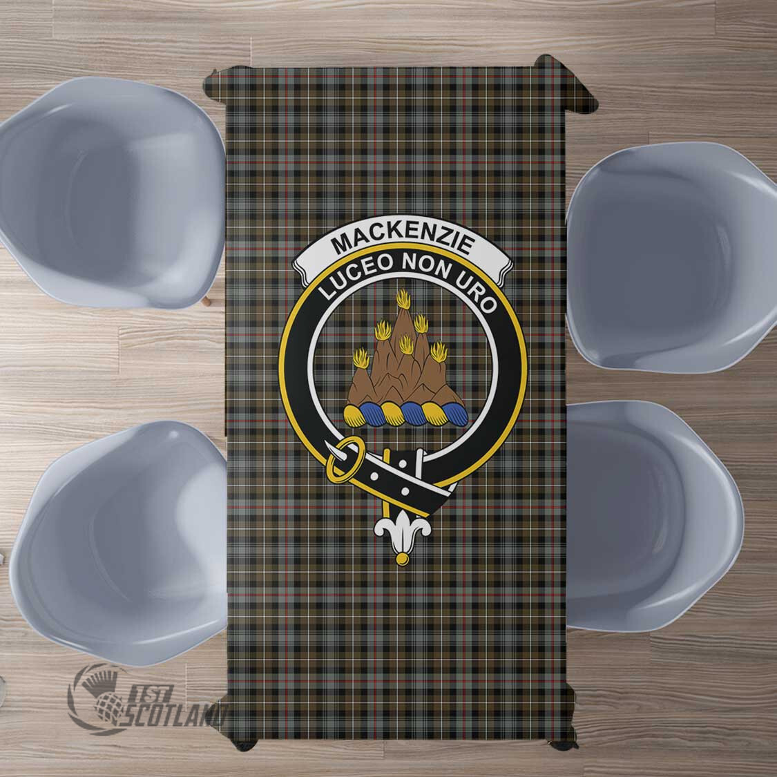 Scottish MacKenzie Weathered Tartan Crest Rectangle Tablecloth Full Plaid
