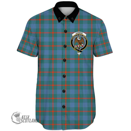 Agnew Ancient Clothing Top - Full Plaid Tartan Crest Short Sleeve Button Shirt A7