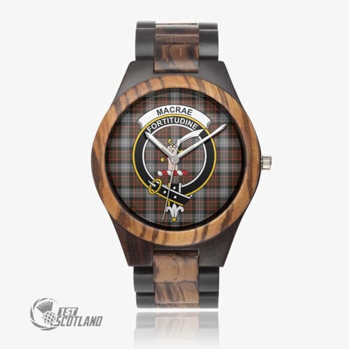 MacRae Hunting Weathered Watch - Full Plaid Tartan Crest Indian Ebony Wooden Watch A7