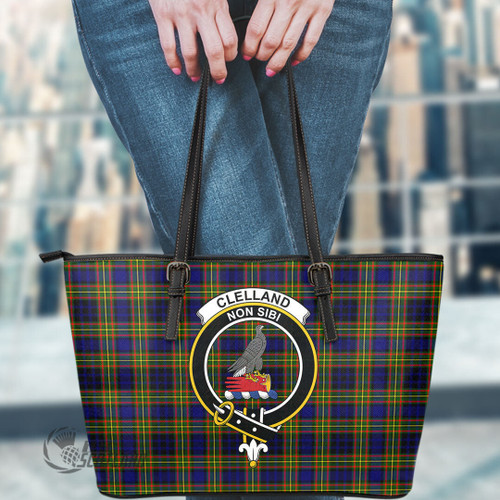 Clelland Modern Bag - Full Plaid Tartan Crest Leather Tote Bag A7