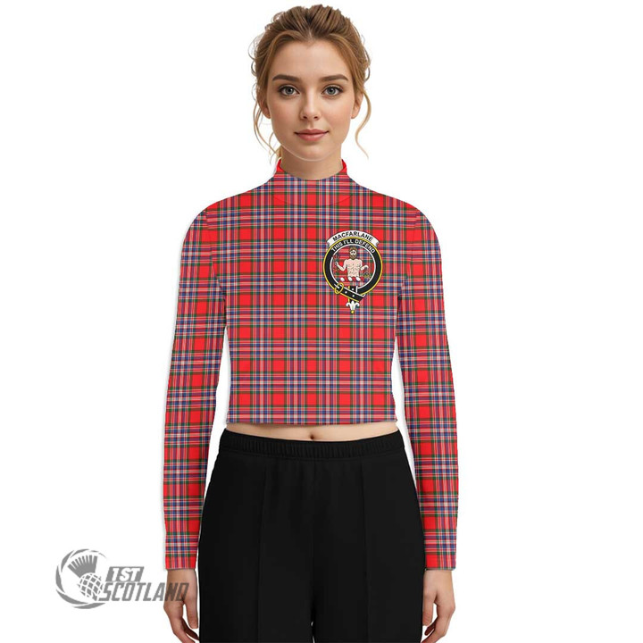 Scottish MacFarlane Modern Tartan Crest Women Long Sleeve Turtleneck T-Shirt Full Plaid