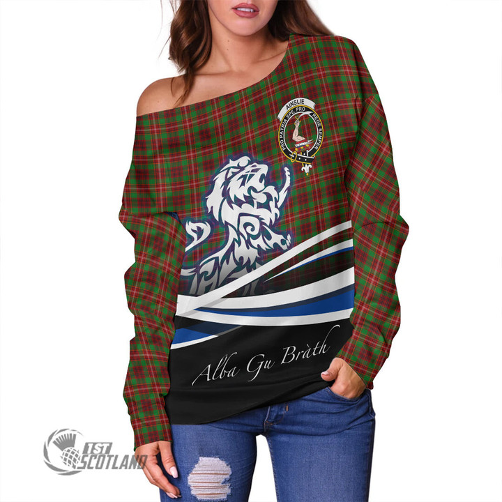 Scottish Ainslie Tartan Crest Off Shoulder Sweater Lion Rampant Scotland Forever