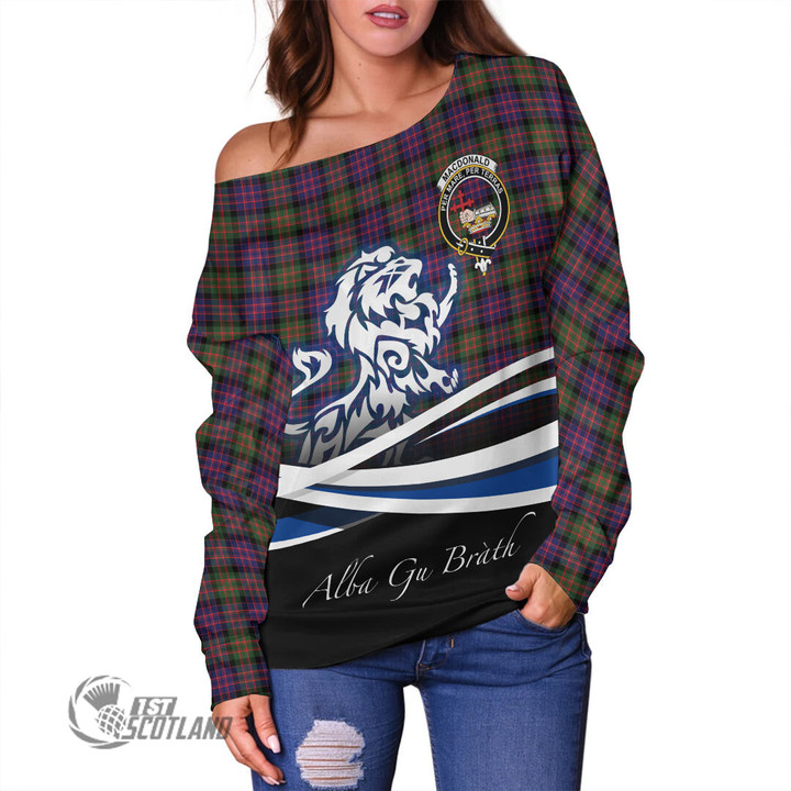 Scottish MacDonald Modern Tartan Crest Off Shoulder Sweater Lion Rampant Scotland Forever