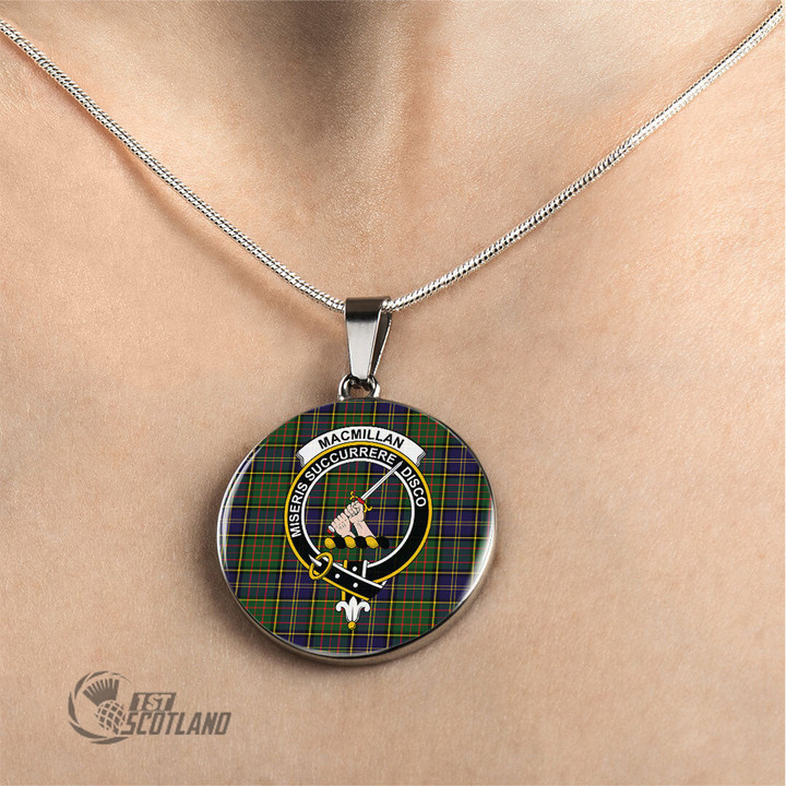 Scottish MacMillan Hunting Modern Tartan Crest Circle Necklace Full Plaid