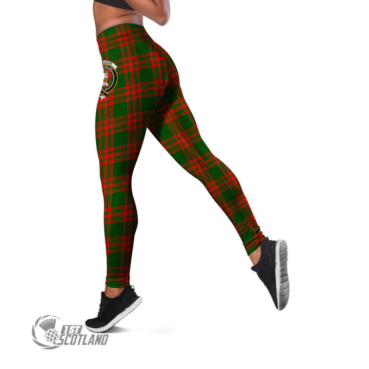 Scottish Menzies Green Modern Tartan Crest Leggings Full Plaid