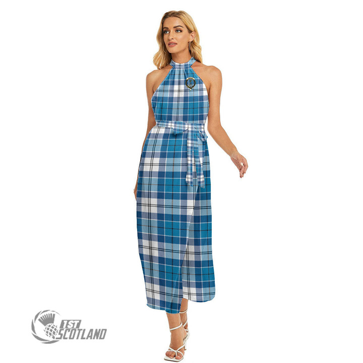 Scottish Roberton Tartan Crest Wrap Hem Belted Halter Dress Full Plaid
