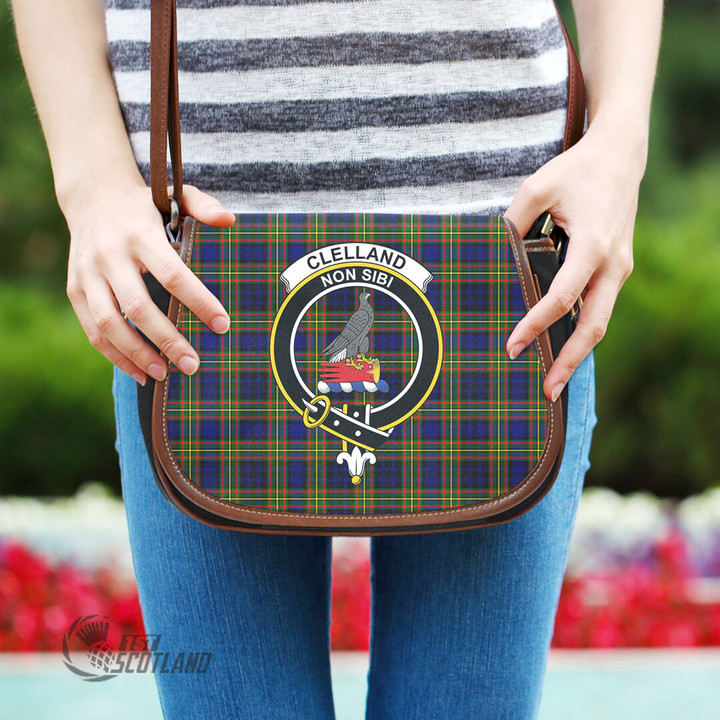 Scottish Clelland Modern Tartan Crest Saddle Bag Full Plaid