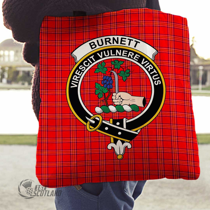 Scottish Burnett Modern Tartan Crest Tote Bag Full Plaid