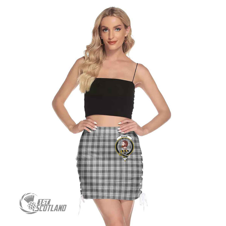 Scottish Douglas Grey Modern Tartan Crest Side Strap Closure Mini Skirt Full Plaid