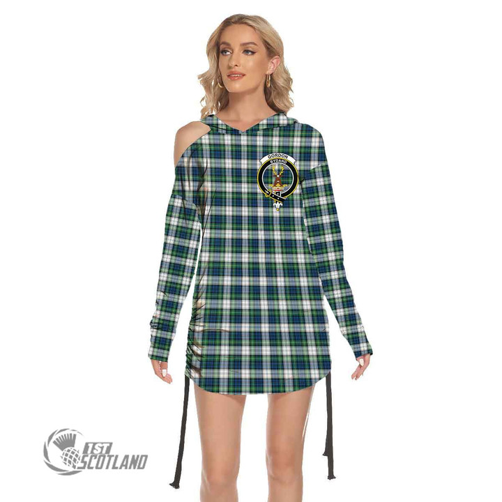 Scottish Gordon Dress Ancient Tartan Crest Waist Shirring One Shoulder Dress Full Plaid