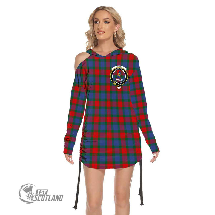 Scottish Mar Tartan Crest Waist Shirring One Shoulder Dress Full Plaid