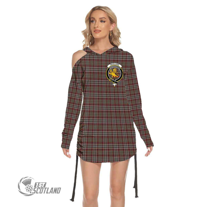 Scottish Nicolson Hunting Weathered Tartan Crest Waist Shirring One Shoulder Dress Full Plaid