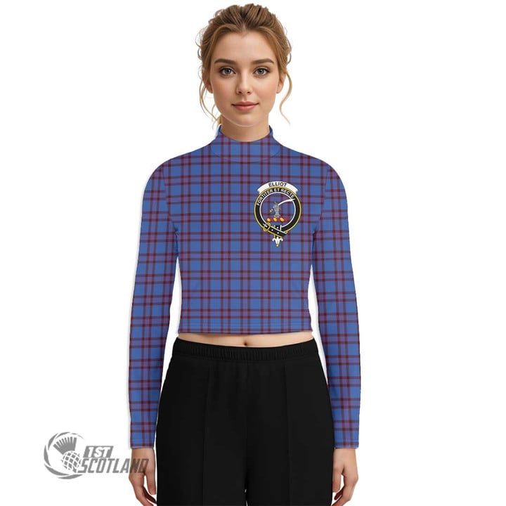 Scottish Elliot Modern Tartan Crest Women Long Sleeve Turtleneck T-Shirt Full Plaid
