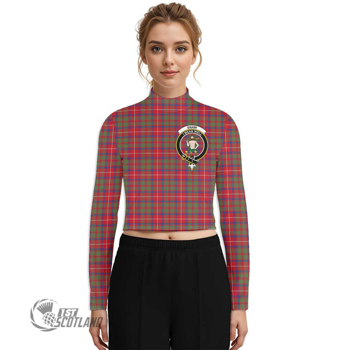 Scottish Shaw Red Modern Tartan Crest Women Long Sleeve Turtleneck T-Shirt Full Plaid
