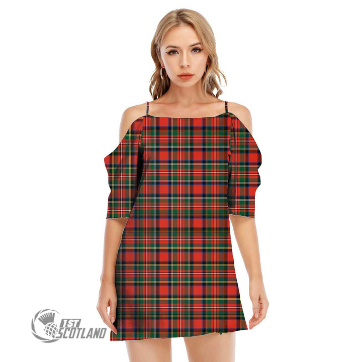 Scottish Stewart Royal Modern Tartan Off Shoulder Cami Dress Full Plaid