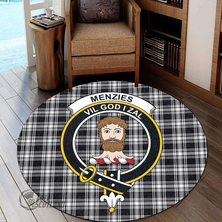 Scottish Menzies Black & White Modern Tartan Crest Round Carpet Full Plaid