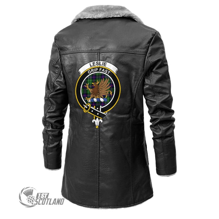 Scottish Leslie Hunting Tartan Crest Long Fleece Leather Jacket Scottish Badge