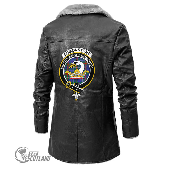 Scottish Edmonstone Tartan Crest Long Fleece Leather Jacket Scottish Badge