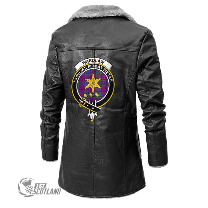 Scottish Wardlaw Modern Tartan Crest Long Fleece Leather Jacket Scottish Badge