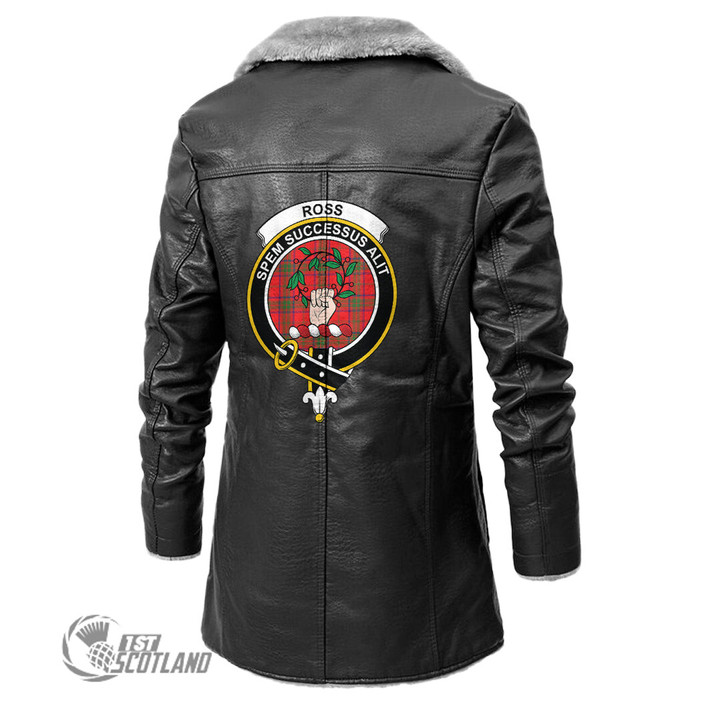Scottish Ross Modern Tartan Crest Long Fleece Leather Jacket Scottish Badge
