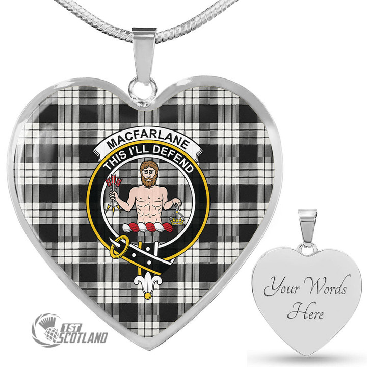 Scottish MacFarlane Black & White Ancient Tartan Crest Heart Necklace Full Plaid