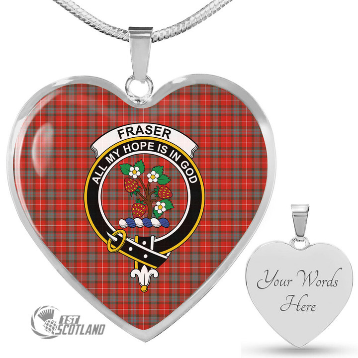 Scottish Fraser Weathered Tartan Crest Heart Necklace Full Plaid