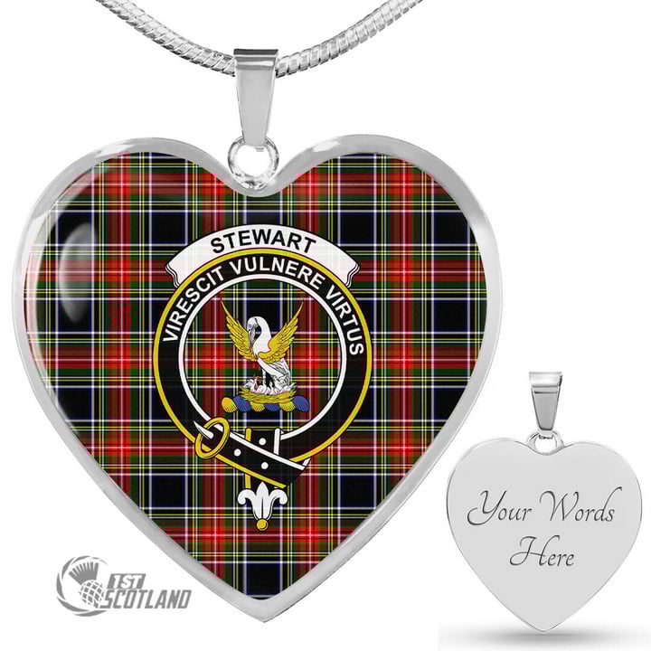 Scottish Stewart Black Tartan Crest Heart Necklace Full Plaid