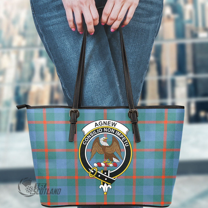 Scottish Agnew Ancient Tartan Crest Leather Tote Bag Full Plaid