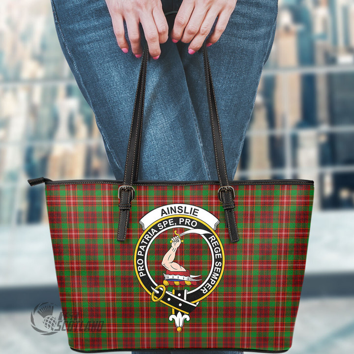 Scottish Ainslie Tartan Crest Leather Tote Bag Full Plaid
